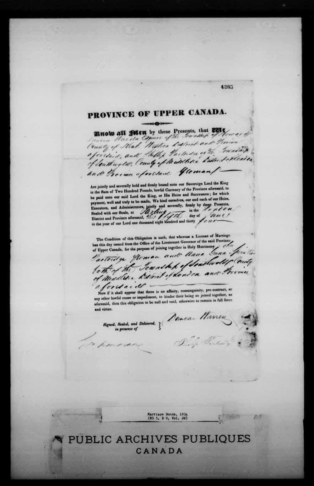 Digitized page of Upper and Lower Canada Marriage Bonds (1779-1865) for Image No.: e008226771