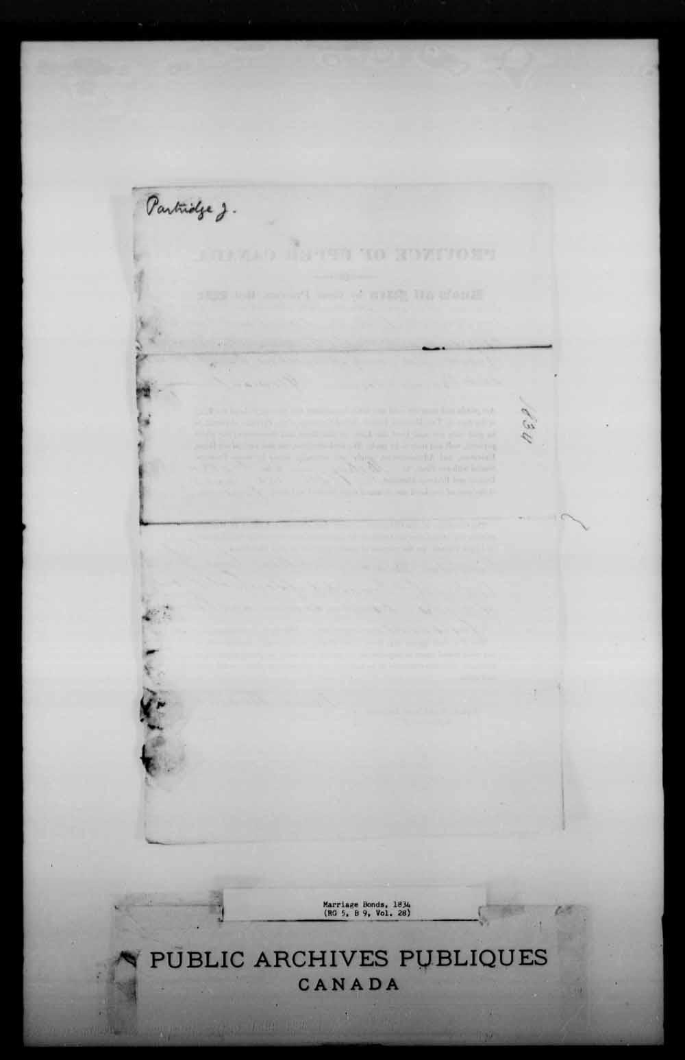 Digitized page of Upper and Lower Canada Marriage Bonds (1779-1865) for Image No.: e008226772