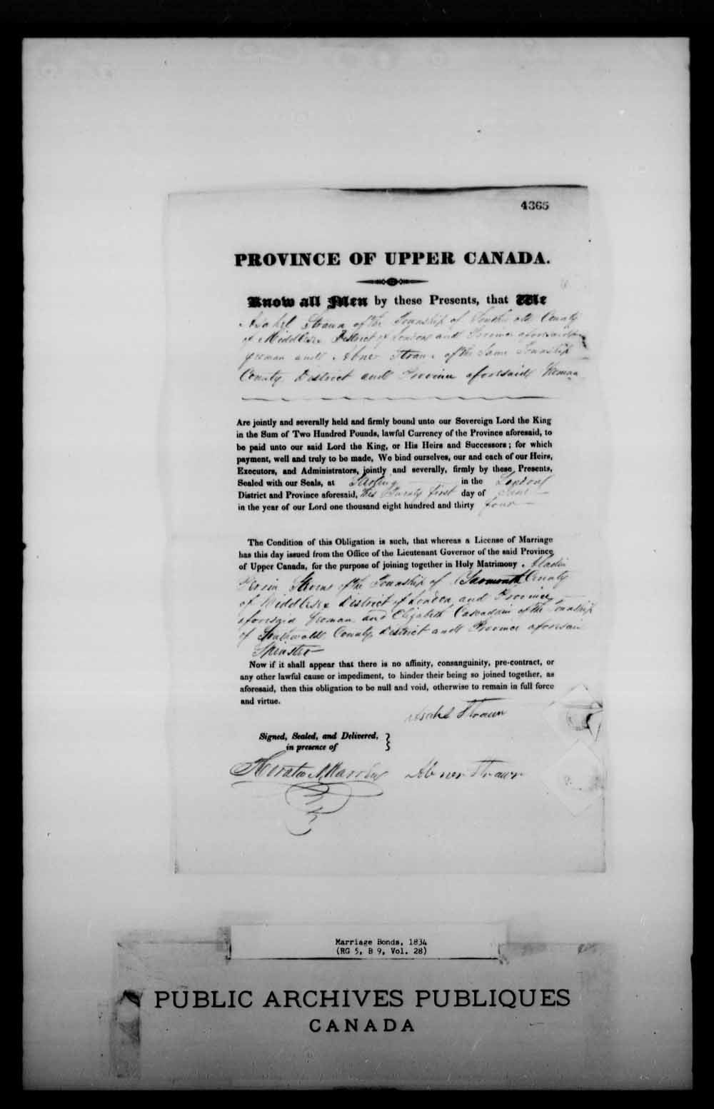 Digitized page of Upper and Lower Canada Marriage Bonds (1779-1865) for Image No.: e008226919
