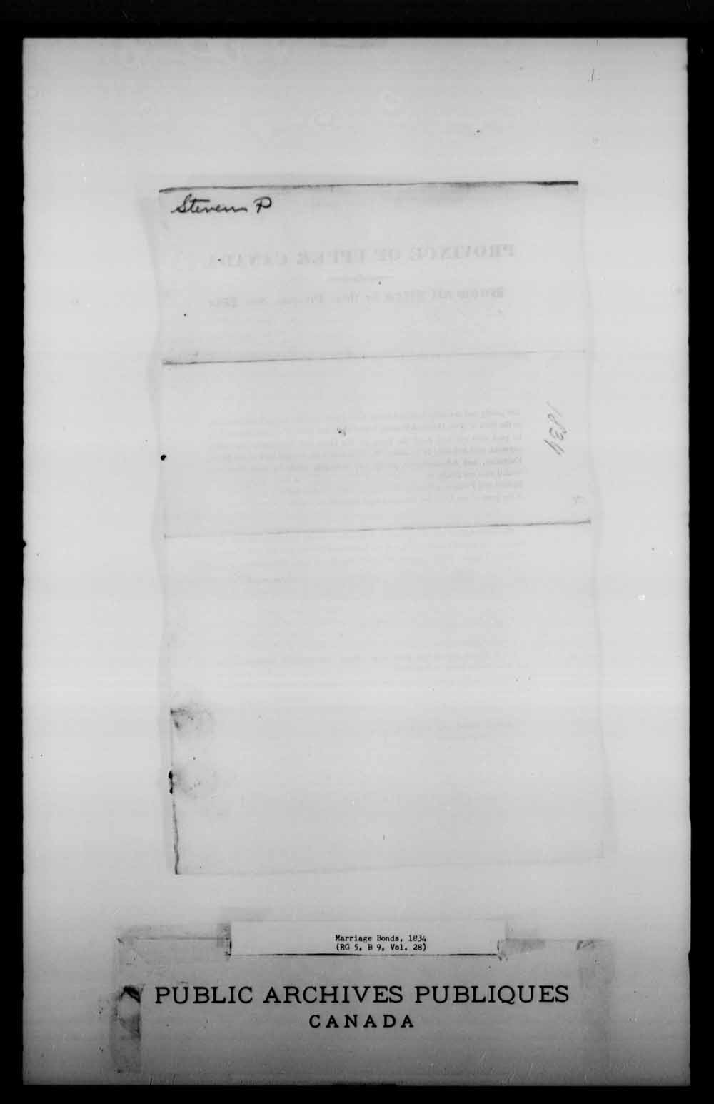 Digitized page of Upper and Lower Canada Marriage Bonds (1779-1865) for Image No.: e008226920