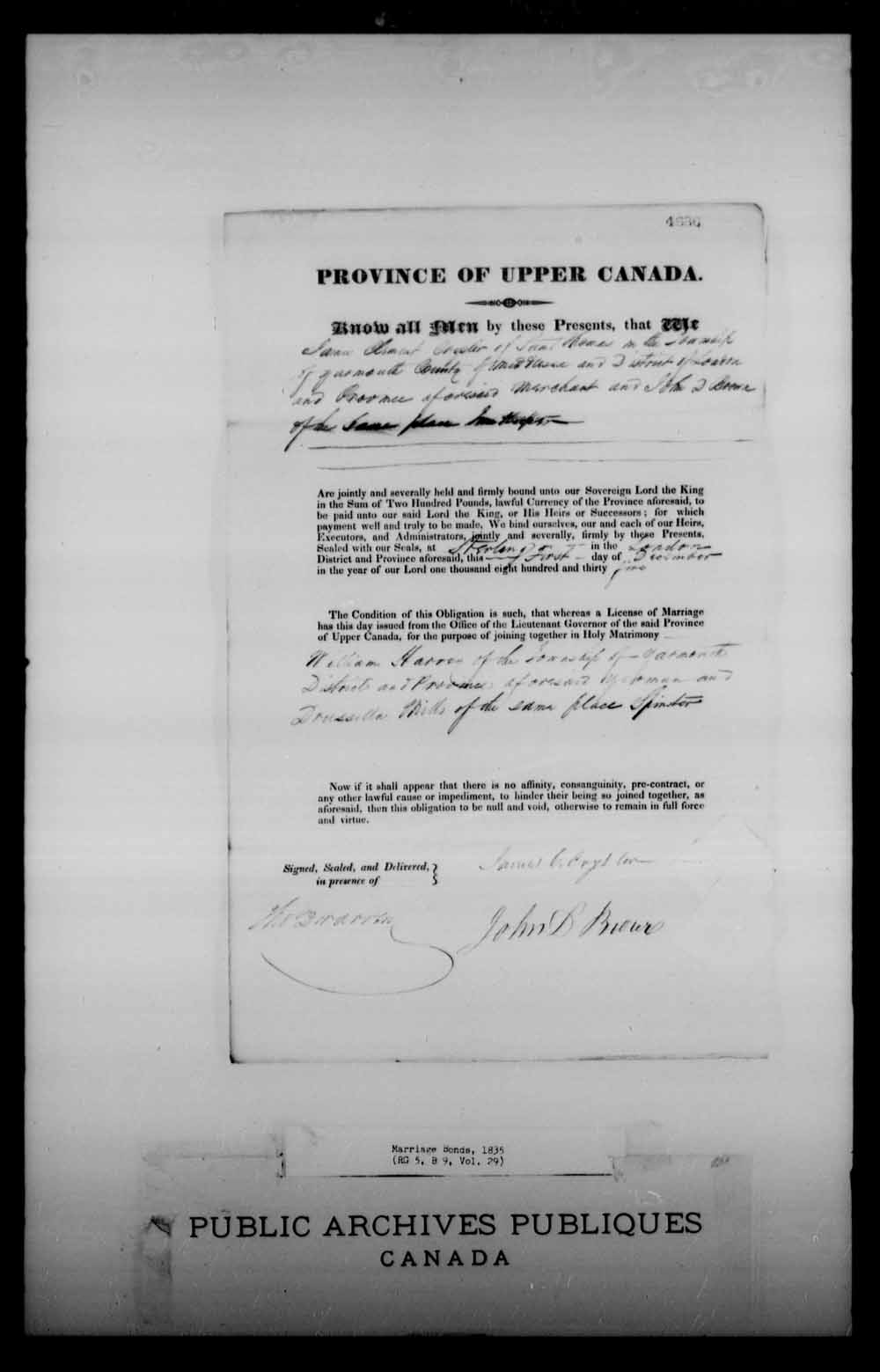 Digitized page of Upper and Lower Canada Marriage Bonds (1779-1865) for Image No.: e008227509