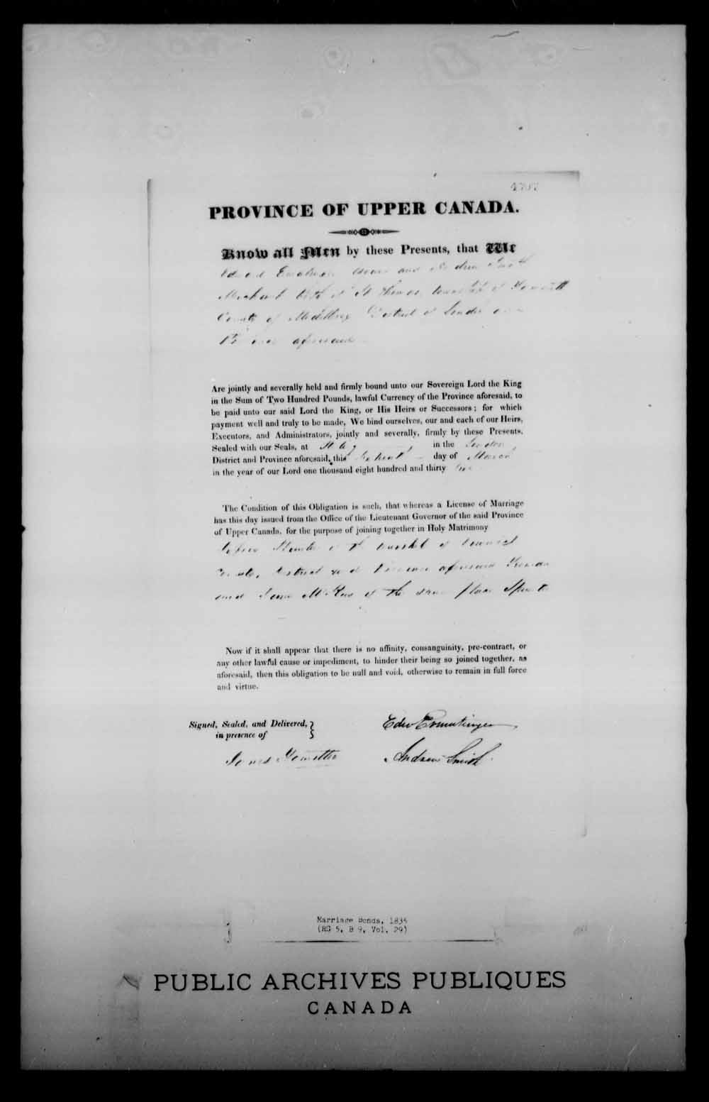 Digitized page of Upper and Lower Canada Marriage Bonds (1779-1865) for Image No.: e008227542