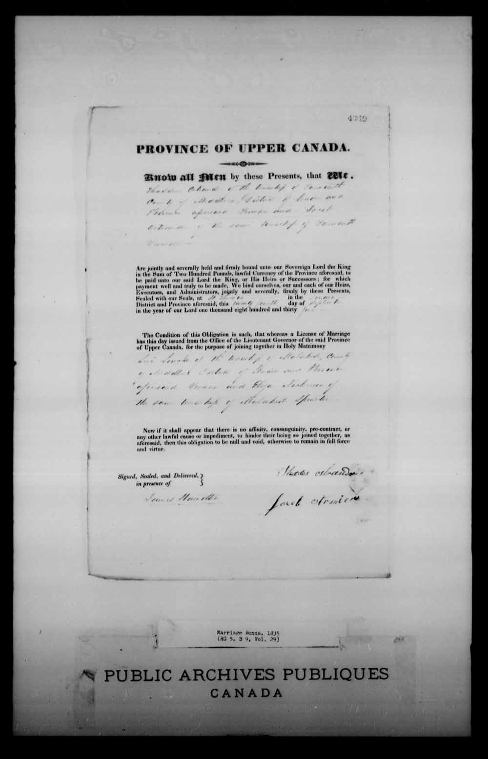 Digitized page of Upper and Lower Canada Marriage Bonds (1779-1865) for Image No.: e008227618