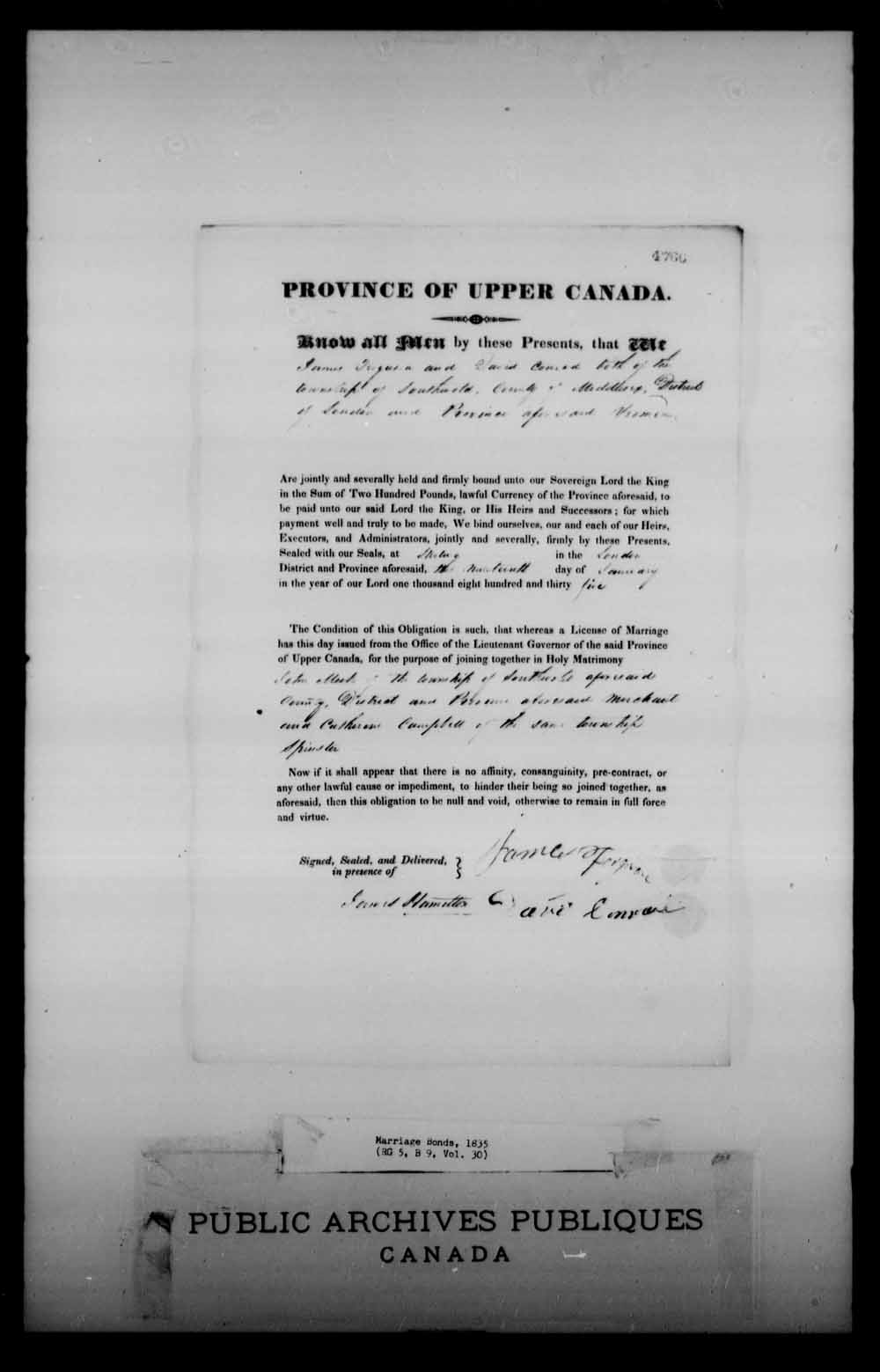 Digitized page of Upper and Lower Canada Marriage Bonds (1779-1865) for Image No.: e008227647