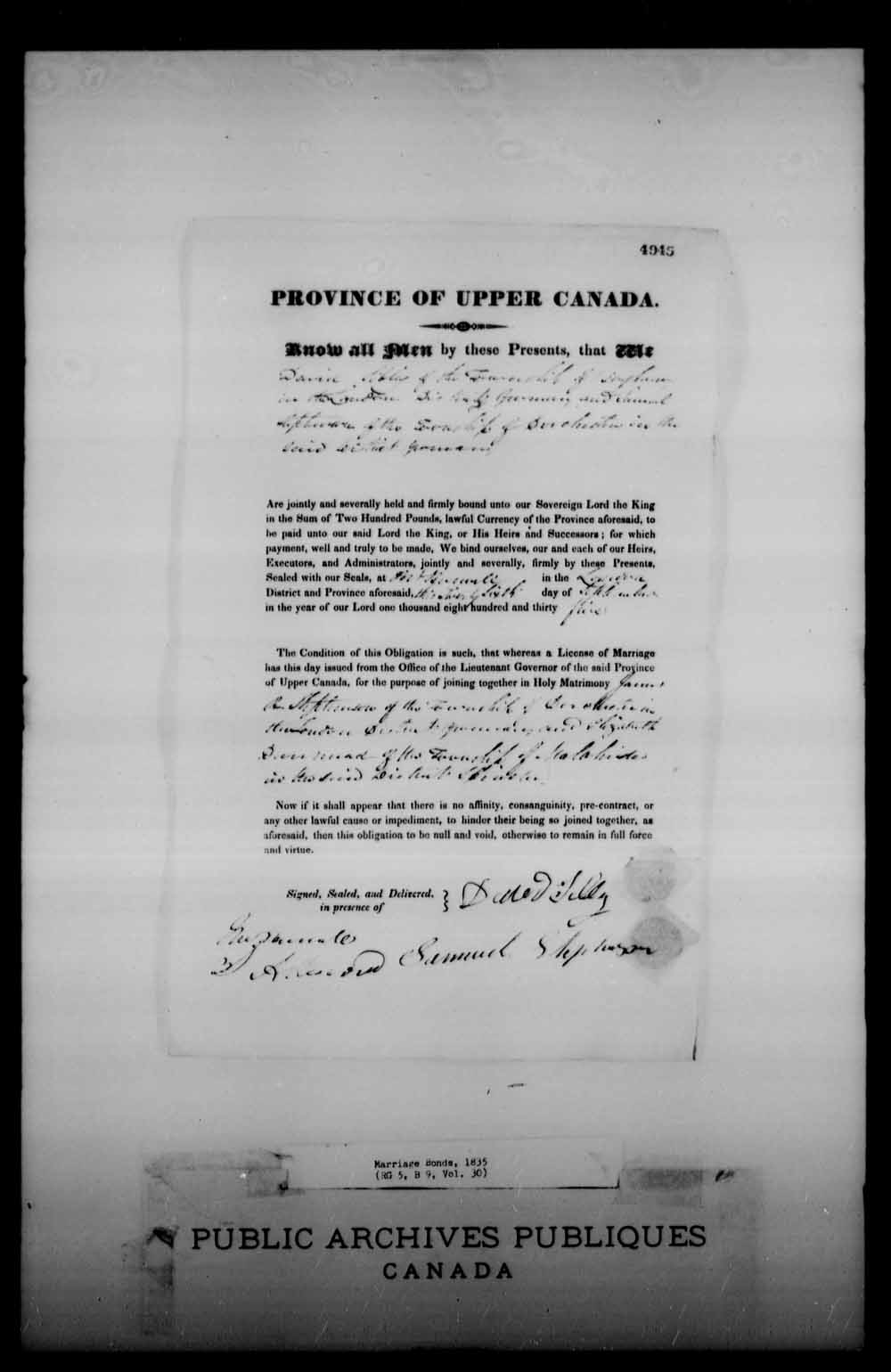Digitized page of Upper and Lower Canada Marriage Bonds (1779-1865) for Image No.: e008227958