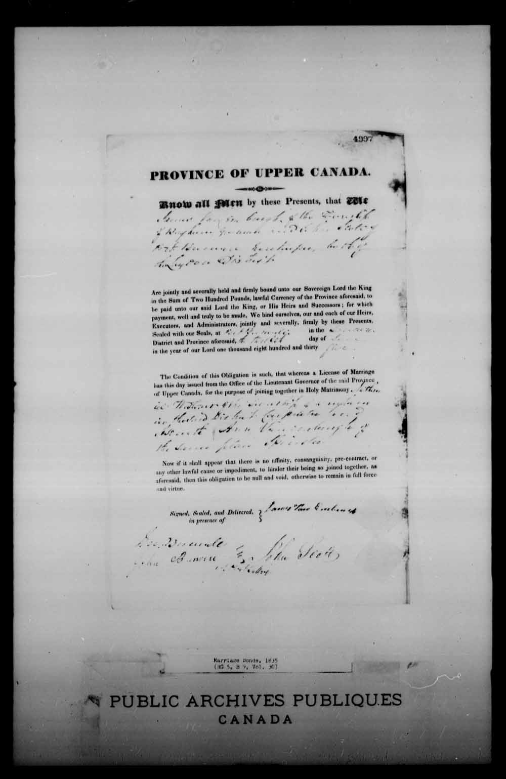 Digitized page of Upper and Lower Canada Marriage Bonds (1779-1865) for Image No.: e008228052