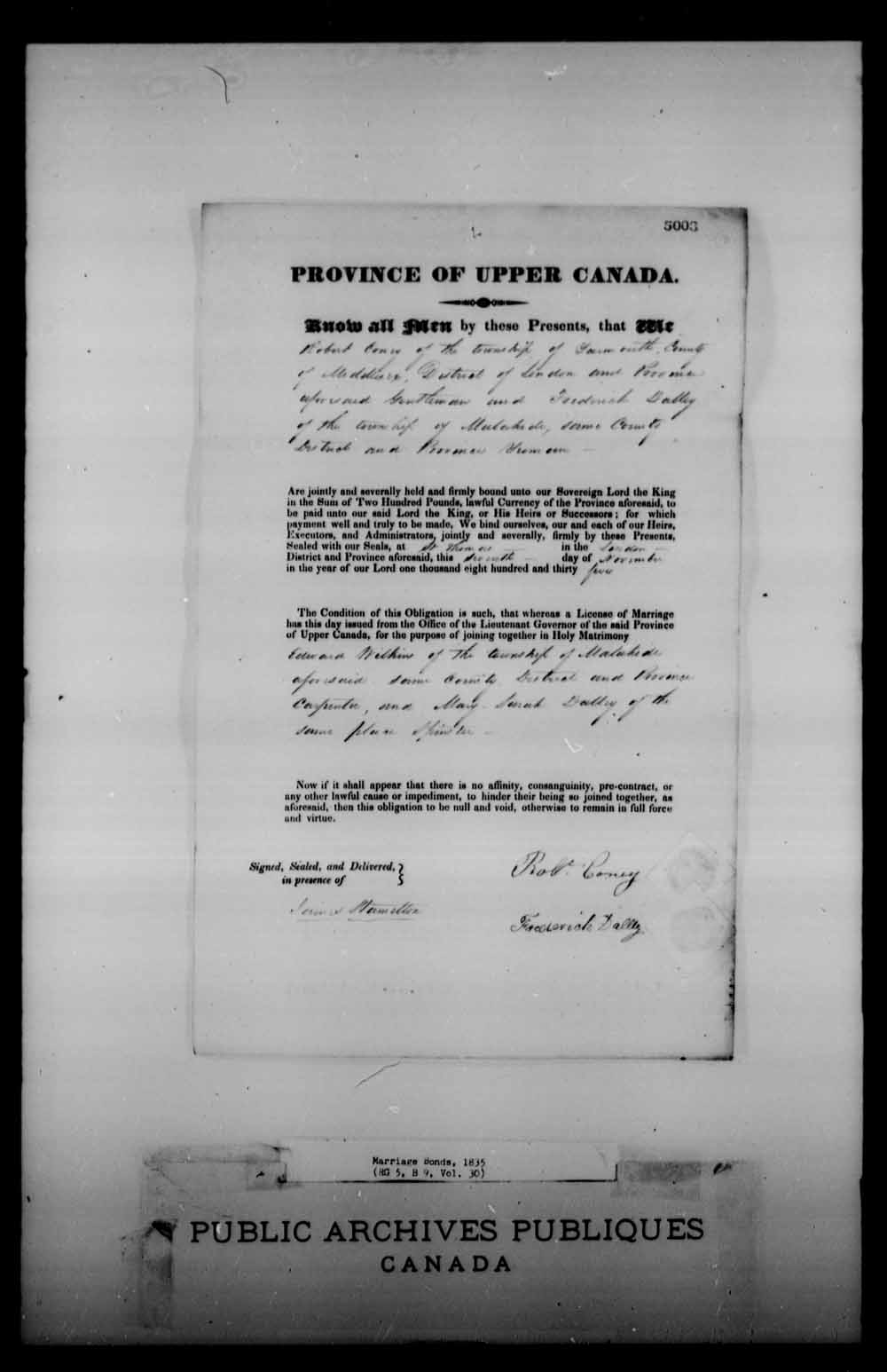 Digitized page of Upper and Lower Canada Marriage Bonds (1779-1865) for Image No.: e008228063