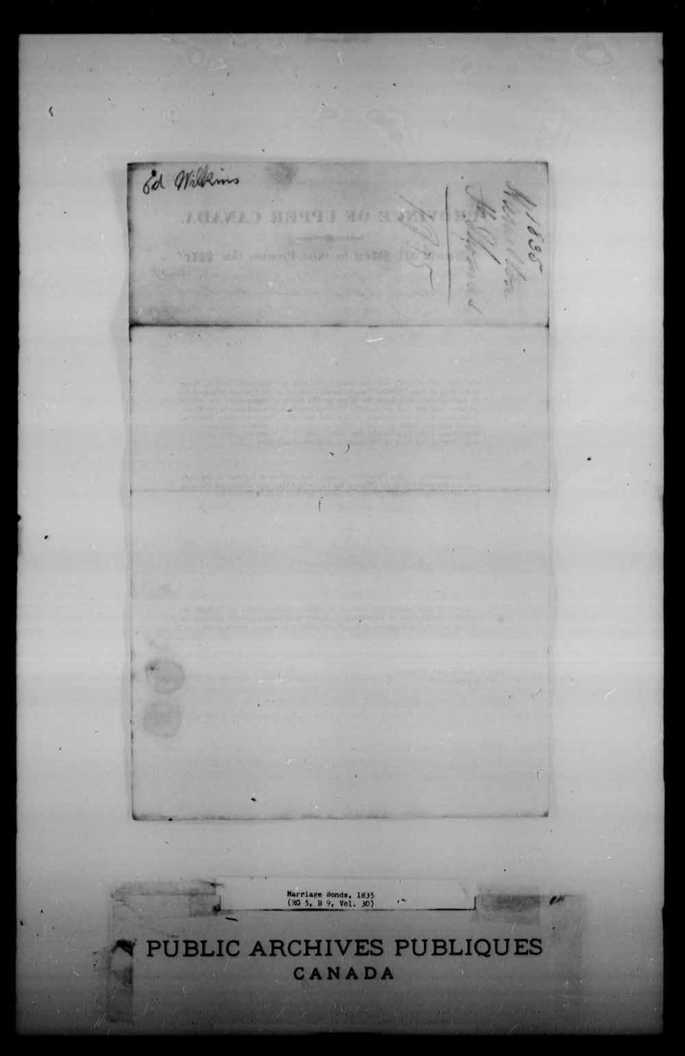 Digitized page of Upper and Lower Canada Marriage Bonds (1779-1865) for Image No.: e008228064