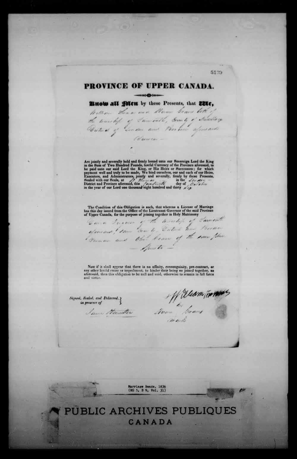 Digitized page of Upper and Lower Canada Marriage Bonds (1779-1865) for Image No.: e008228410