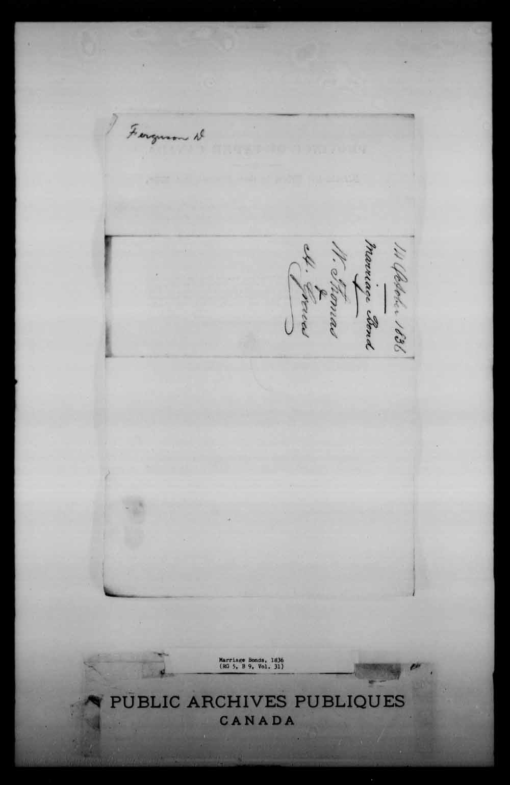 Digitized page of Upper and Lower Canada Marriage Bonds (1779-1865) for Image No.: e008228411