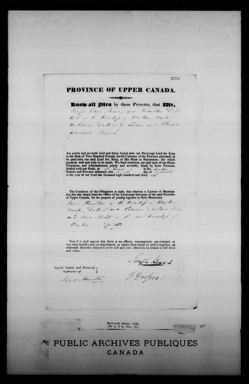 Digitized page of Upper and Lower Canada Marriage Bonds (1779-1865) for Image No.: e008228512