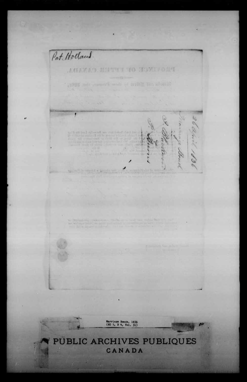 Digitized page of Upper and Lower Canada Marriage Bonds (1779-1865) for Image No.: e008228578