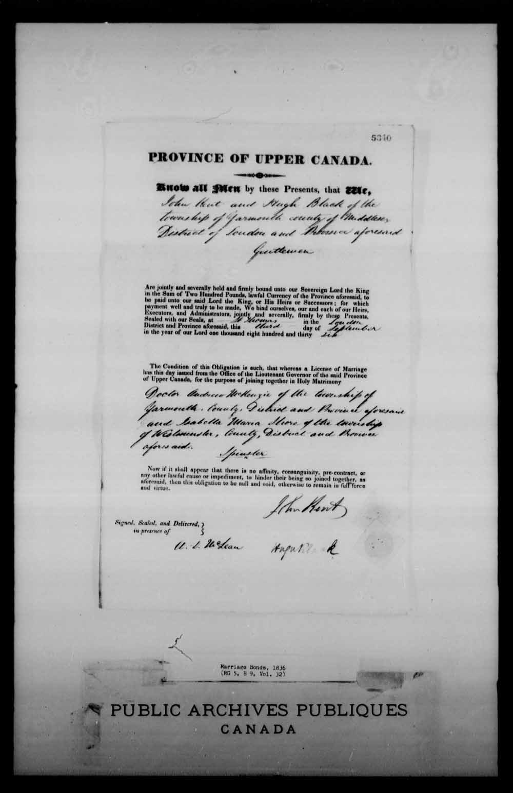Digitized page of Upper and Lower Canada Marriage Bonds (1779-1865) for Image No.: e008228730