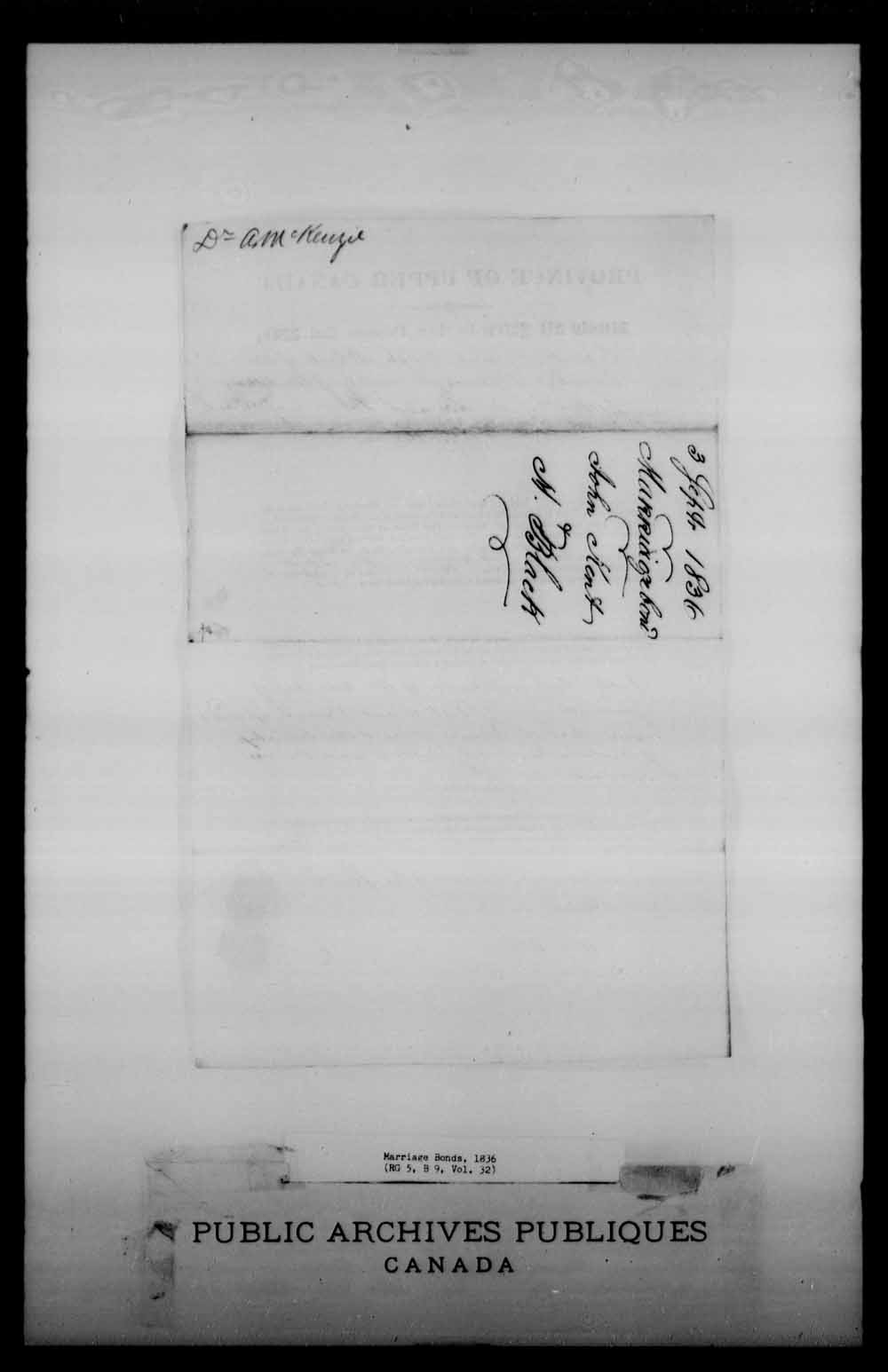 Digitized page of Upper and Lower Canada Marriage Bonds (1779-1865) for Image No.: e008228731