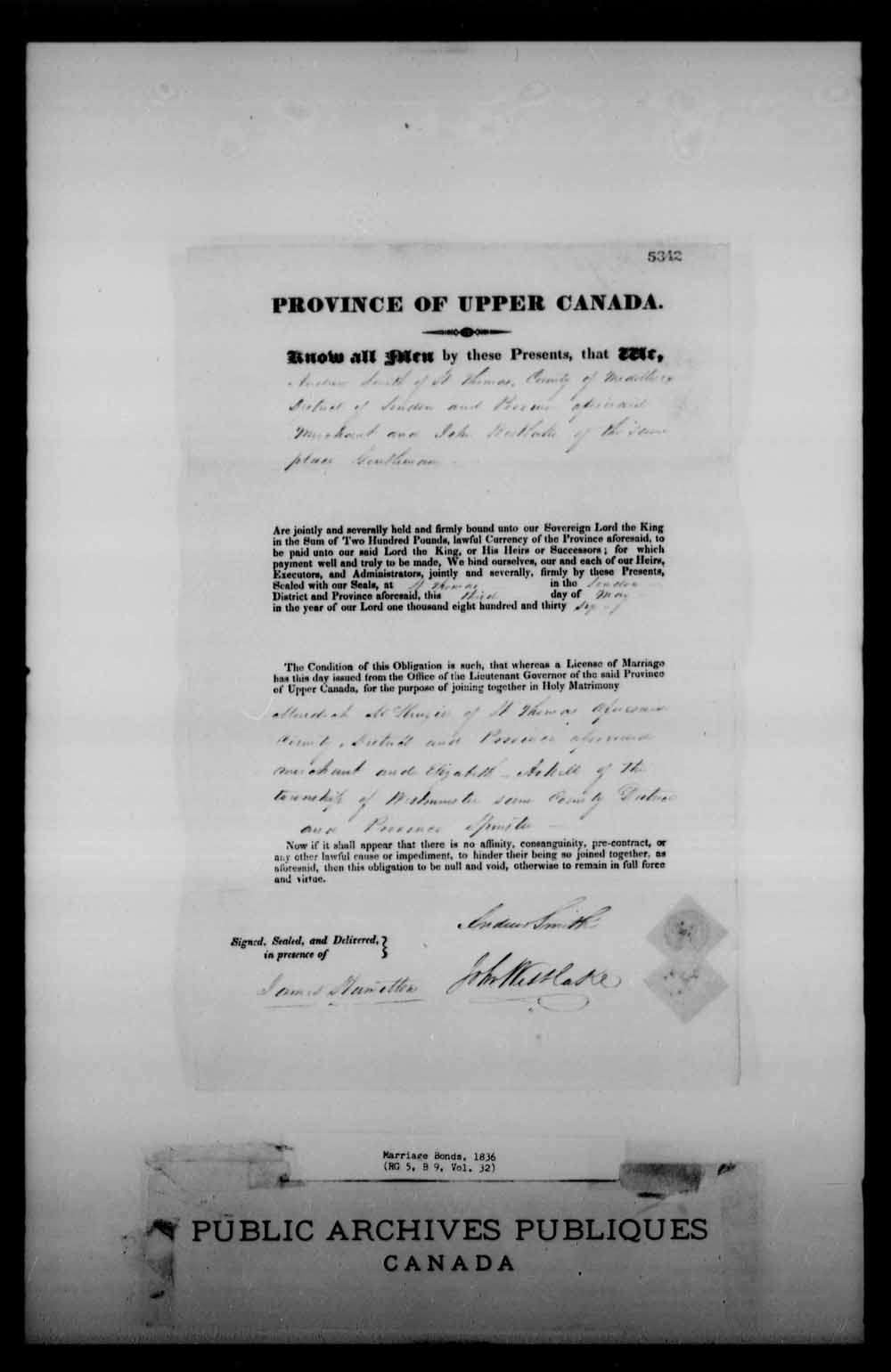 Digitized page of Upper and Lower Canada Marriage Bonds (1779-1865) for Image No.: e008228734