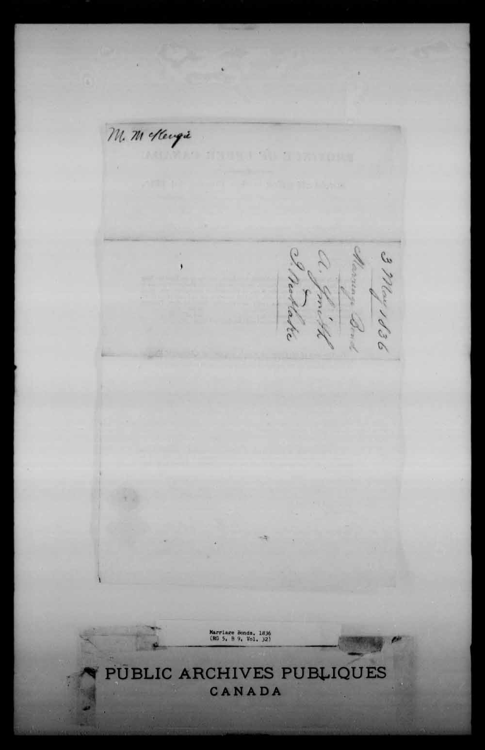 Digitized page of Upper and Lower Canada Marriage Bonds (1779-1865) for Image No.: e008228735