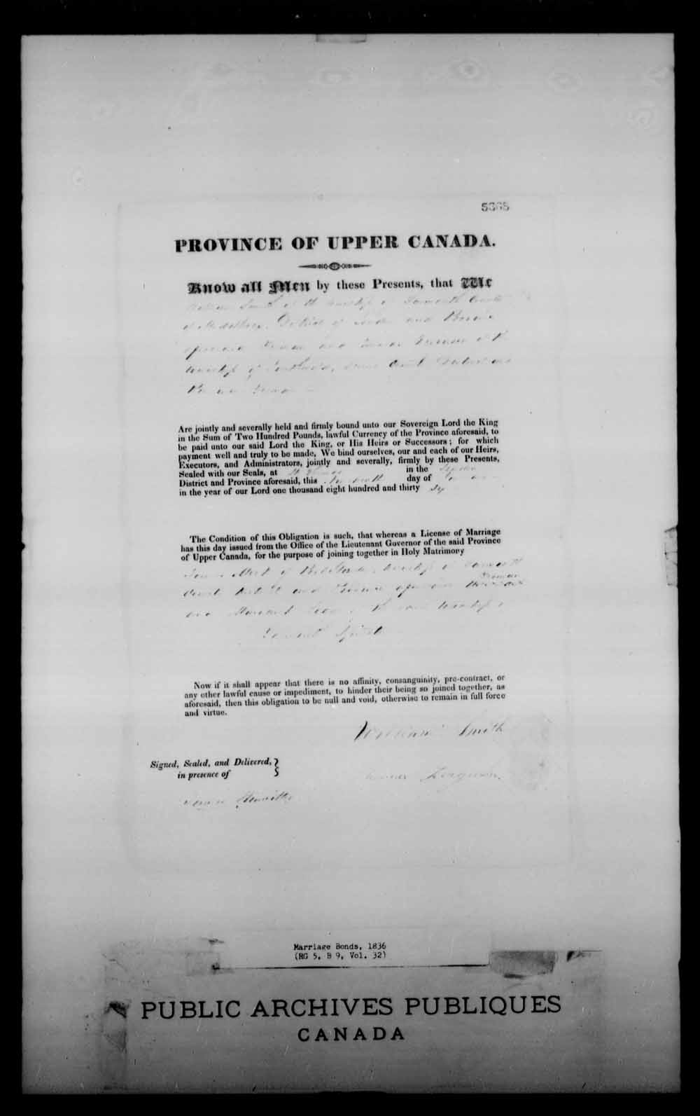 Digitized page of Upper and Lower Canada Marriage Bonds (1779-1865) for Image No.: e008228792