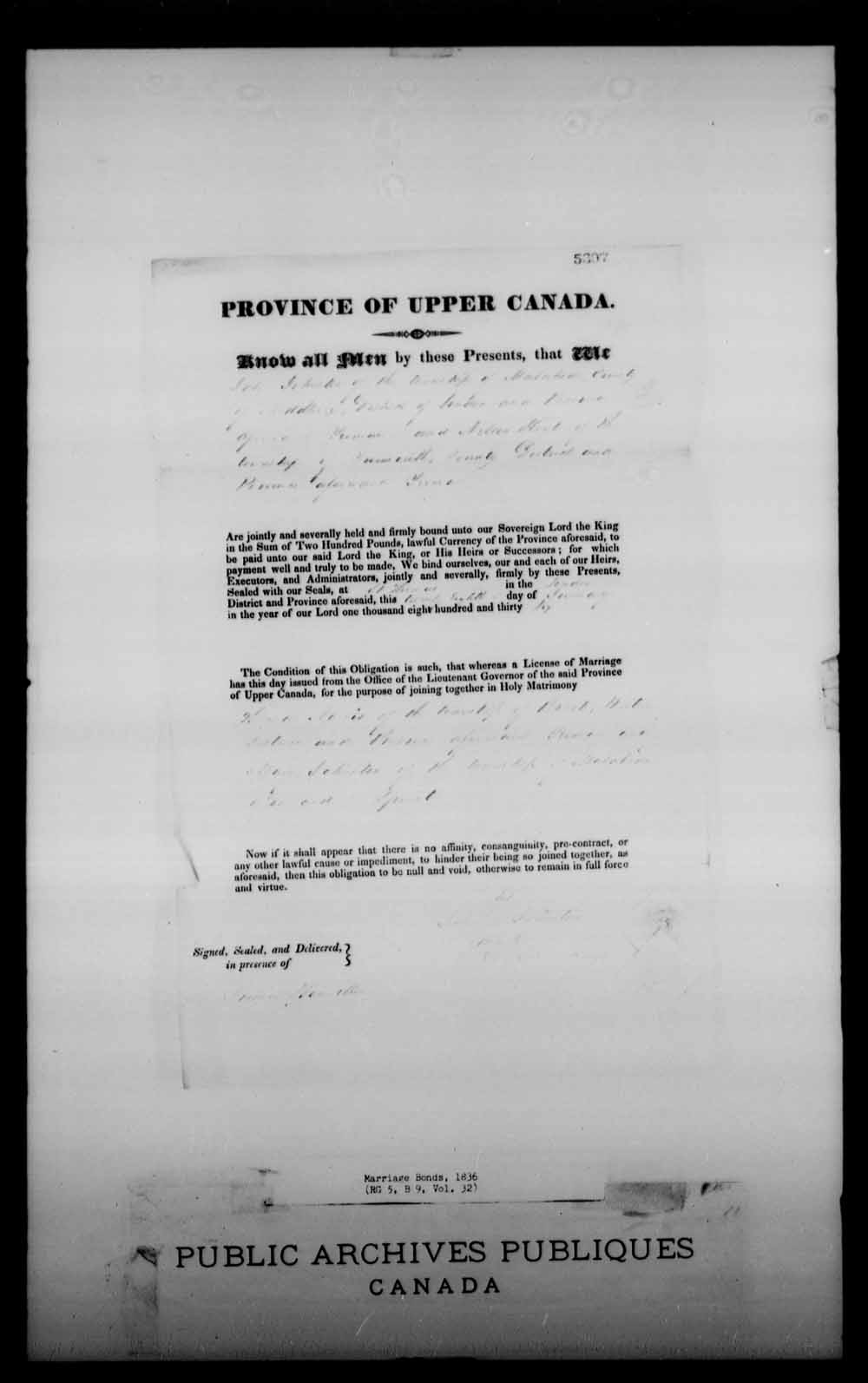 Digitized page of Upper and Lower Canada Marriage Bonds (1779-1865) for Image No.: e008228850