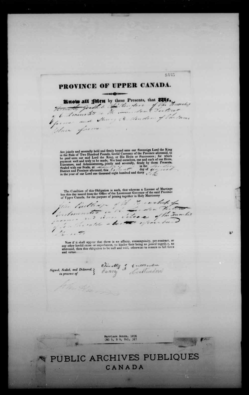Digitized page of Upper and Lower Canada Marriage Bonds (1779-1865) for Image No.: e008228941