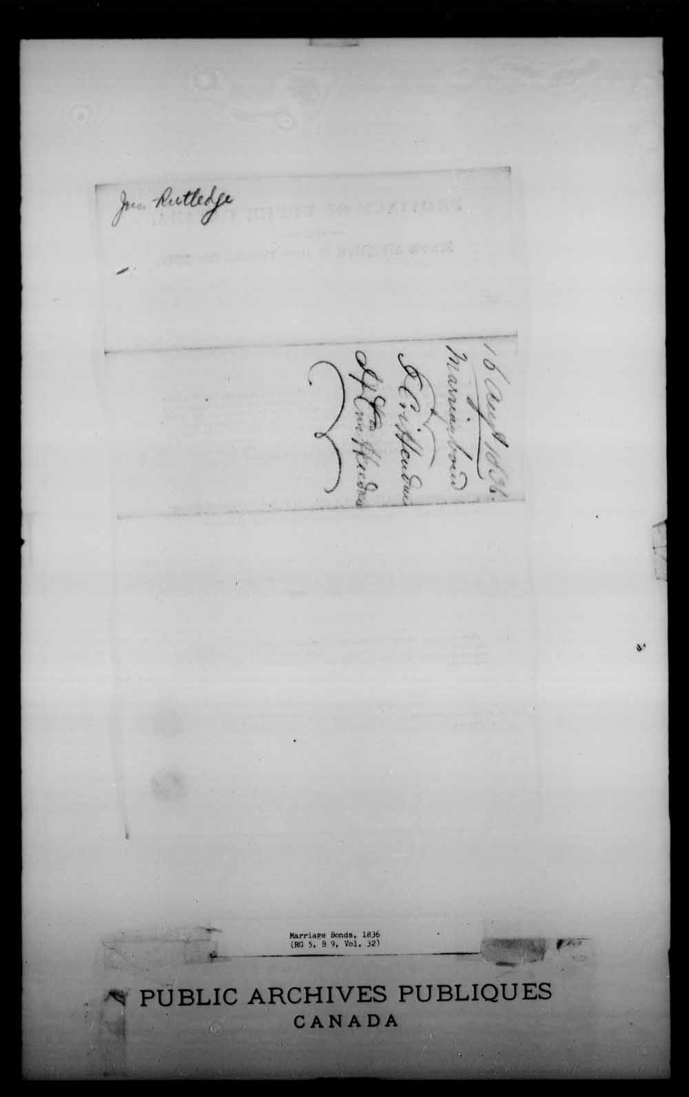 Digitized page of Upper and Lower Canada Marriage Bonds (1779-1865) for Image No.: e008228942