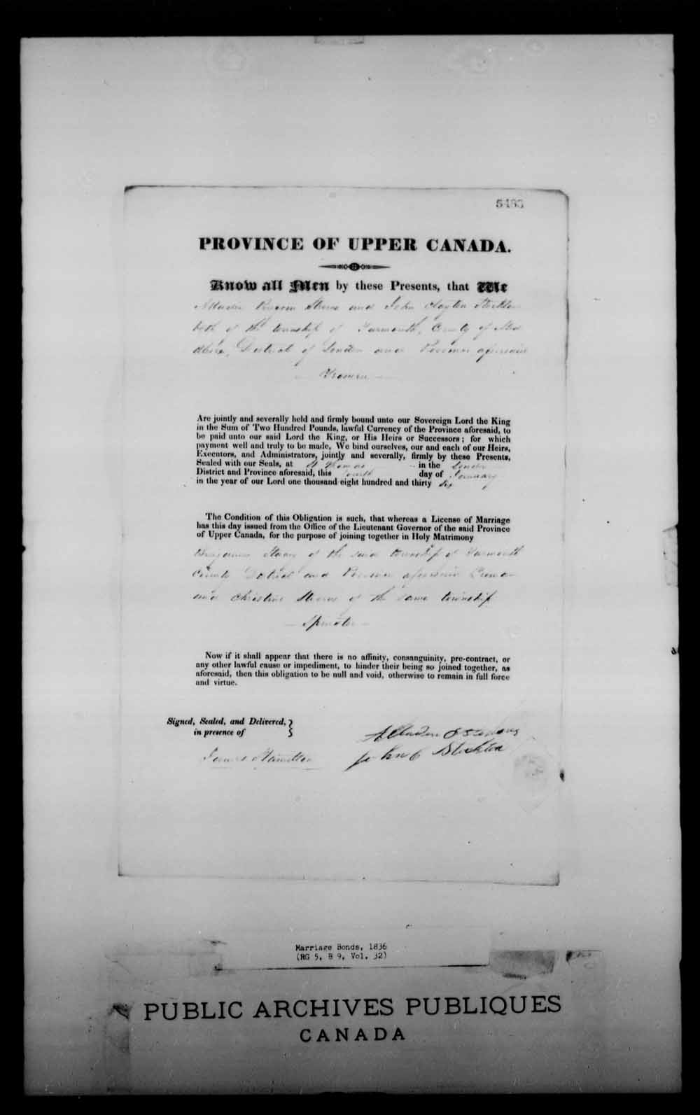 Digitized page of Upper and Lower Canada Marriage Bonds (1779-1865) for Image No.: e008229020