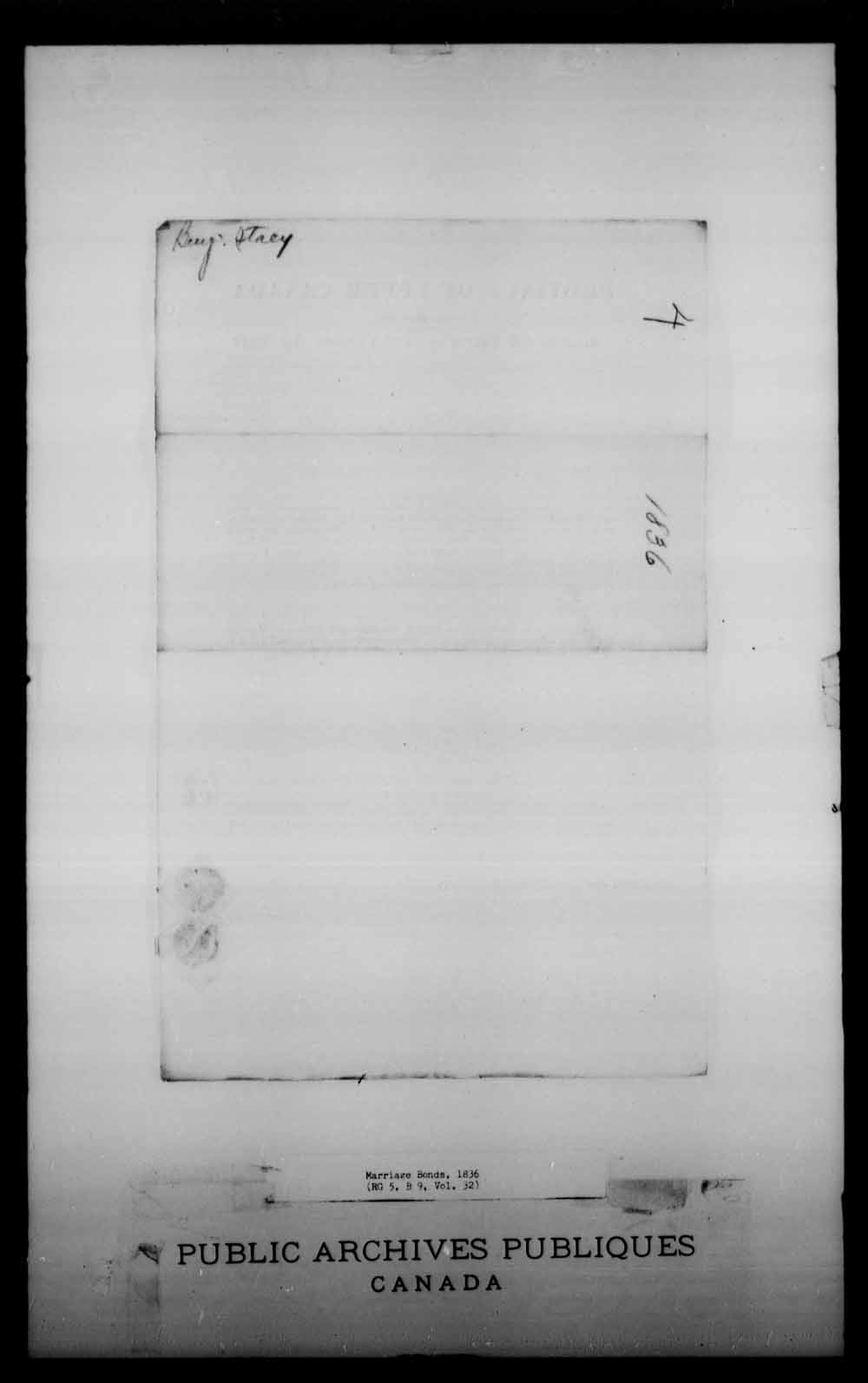 Digitized page of Upper and Lower Canada Marriage Bonds (1779-1865) for Image No.: e008229021