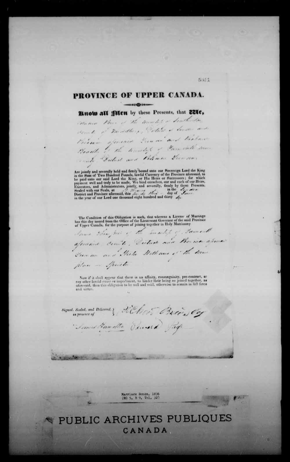 Digitized page of Upper and Lower Canada Marriage Bonds (1779-1865) for Image No.: e008229074