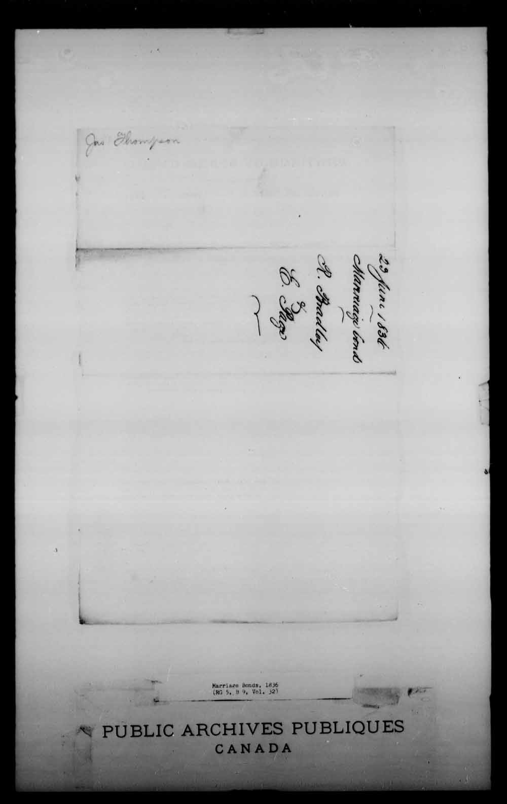 Digitized page of Upper and Lower Canada Marriage Bonds (1779-1865) for Image No.: e008229075