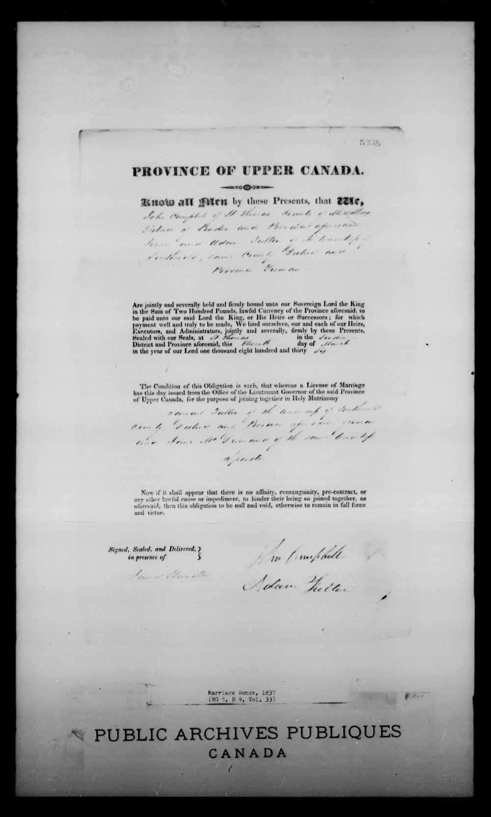 Digitized page of Upper and Lower Canada Marriage Bonds (1779-1865) for Image No.: e008229548