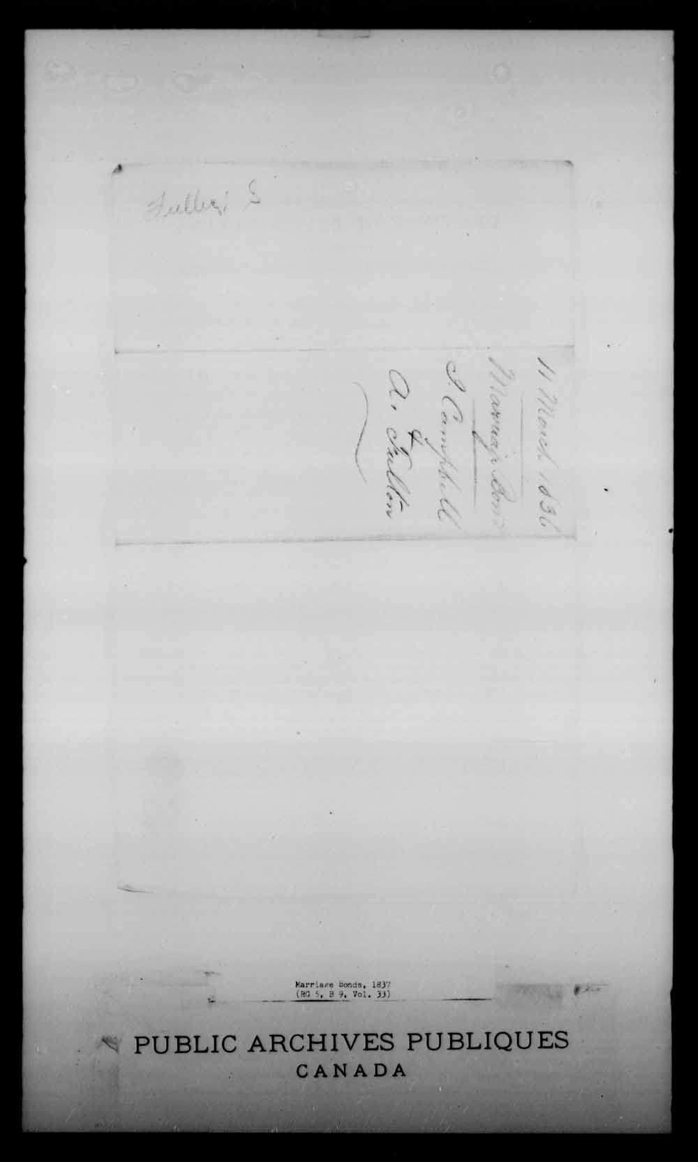 Digitized page of Upper and Lower Canada Marriage Bonds (1779-1865) for Image No.: e008229549