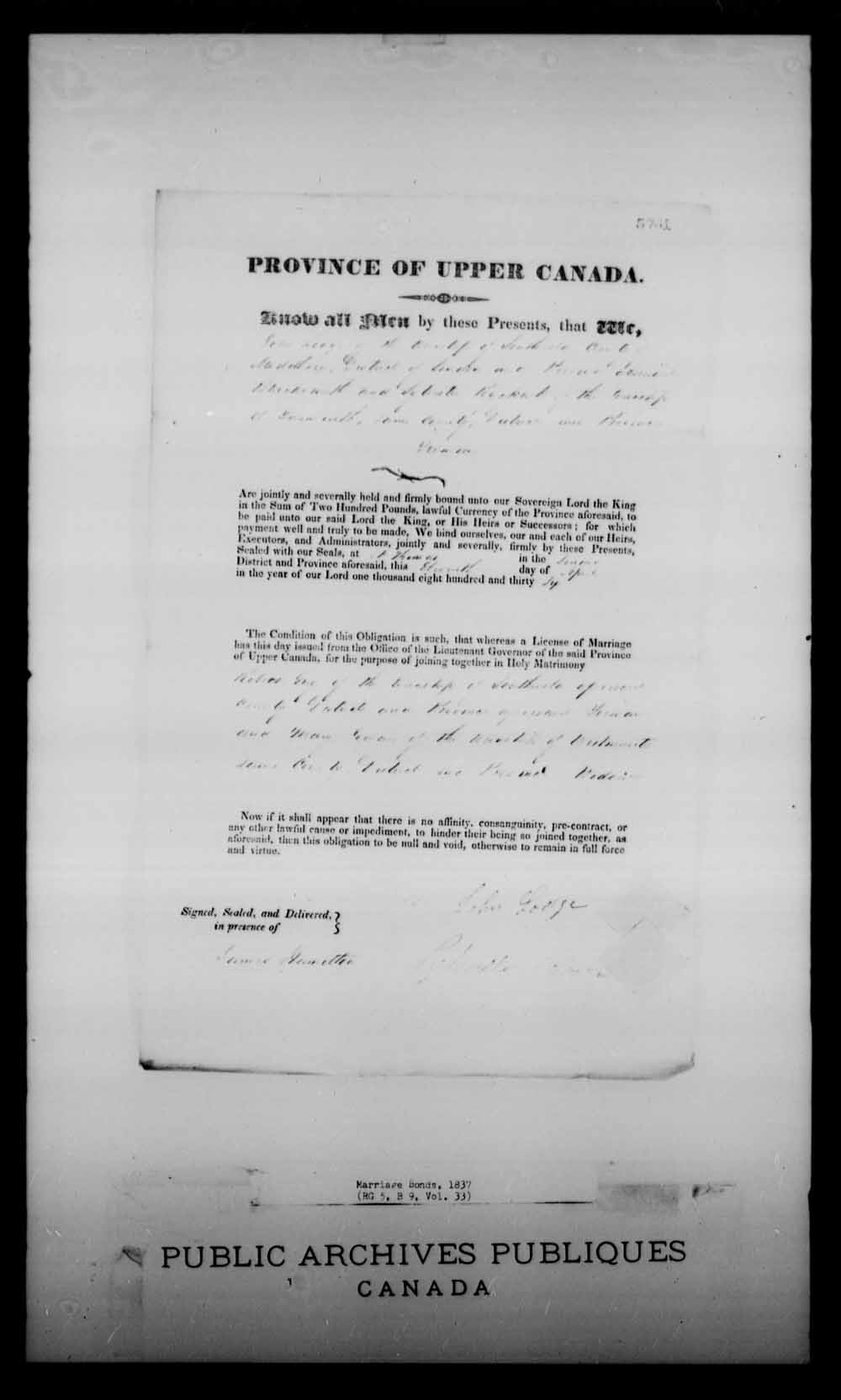 Digitized page of Upper and Lower Canada Marriage Bonds (1779-1865) for Image No.: e008229592