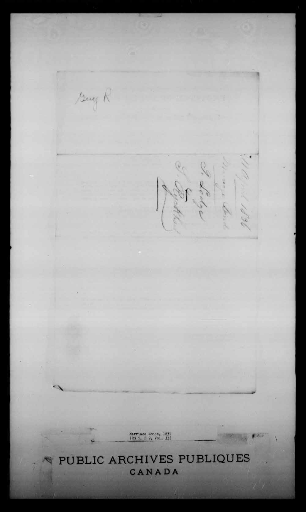 Digitized page of Upper and Lower Canada Marriage Bonds (1779-1865) for Image No.: e008229593