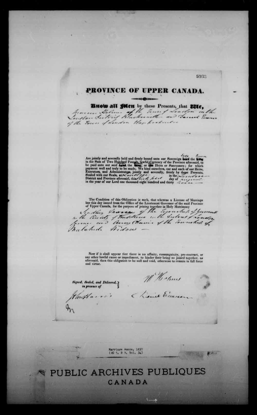 Digitized page of Upper and Lower Canada Marriage Bonds (1779-1865) for Image No.: e008229915