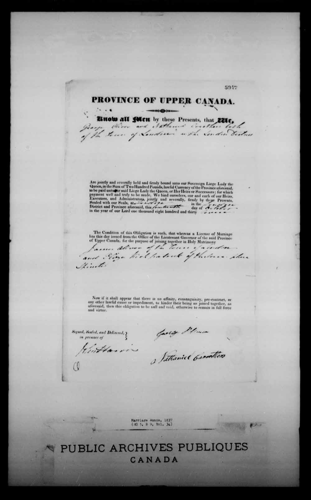 Digitized page of Upper and Lower Canada Marriage Bonds (1779-1865) for Image No.: e008229942