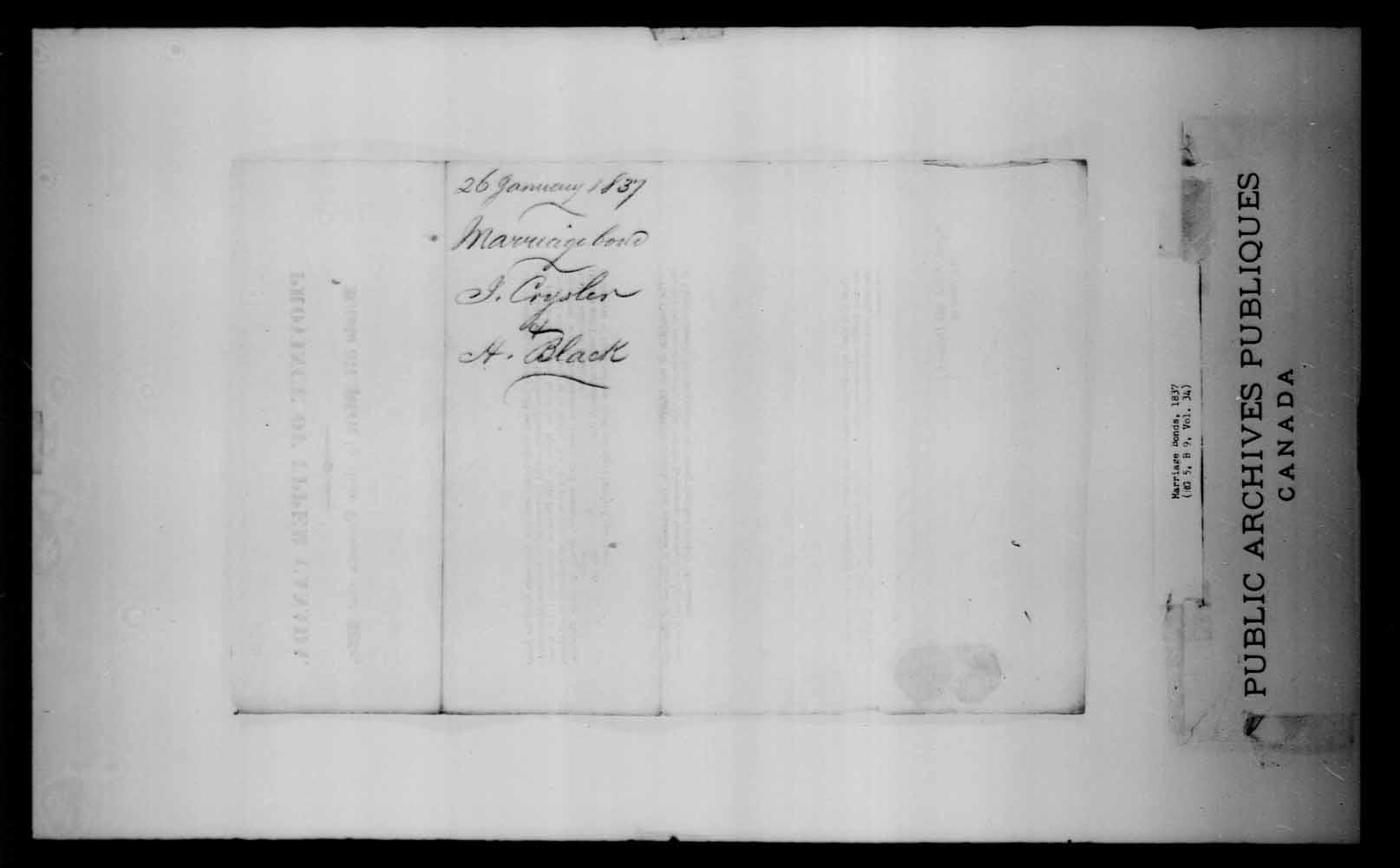 Digitized page of Upper and Lower Canada Marriage Bonds (1779-1865) for Image No.: e008229947