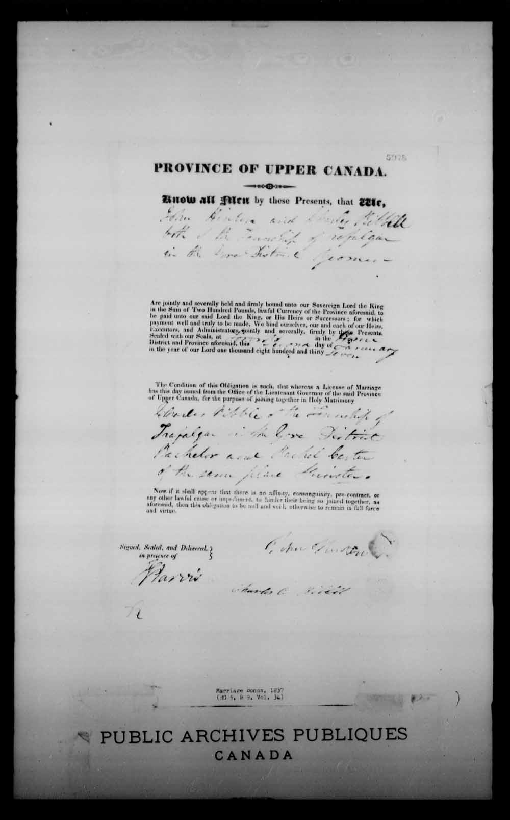 Digitized page of Upper and Lower Canada Marriage Bonds (1779-1865) for Image No.: e008230002