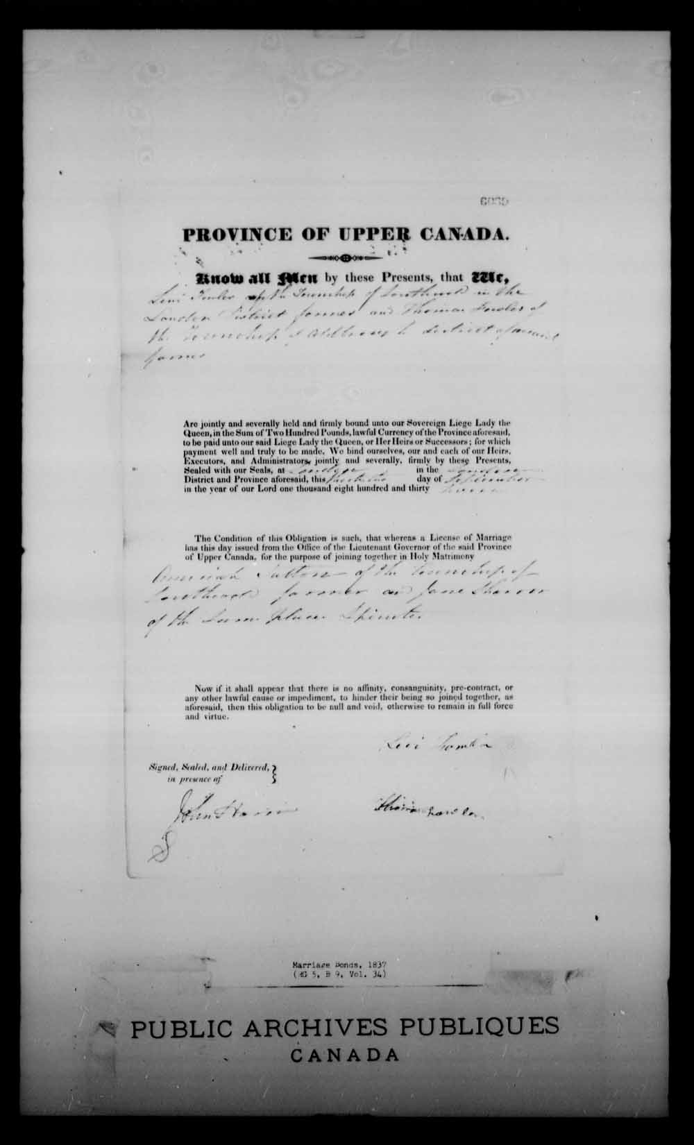 Digitized page of Upper and Lower Canada Marriage Bonds (1779-1865) for Image No.: e008230121