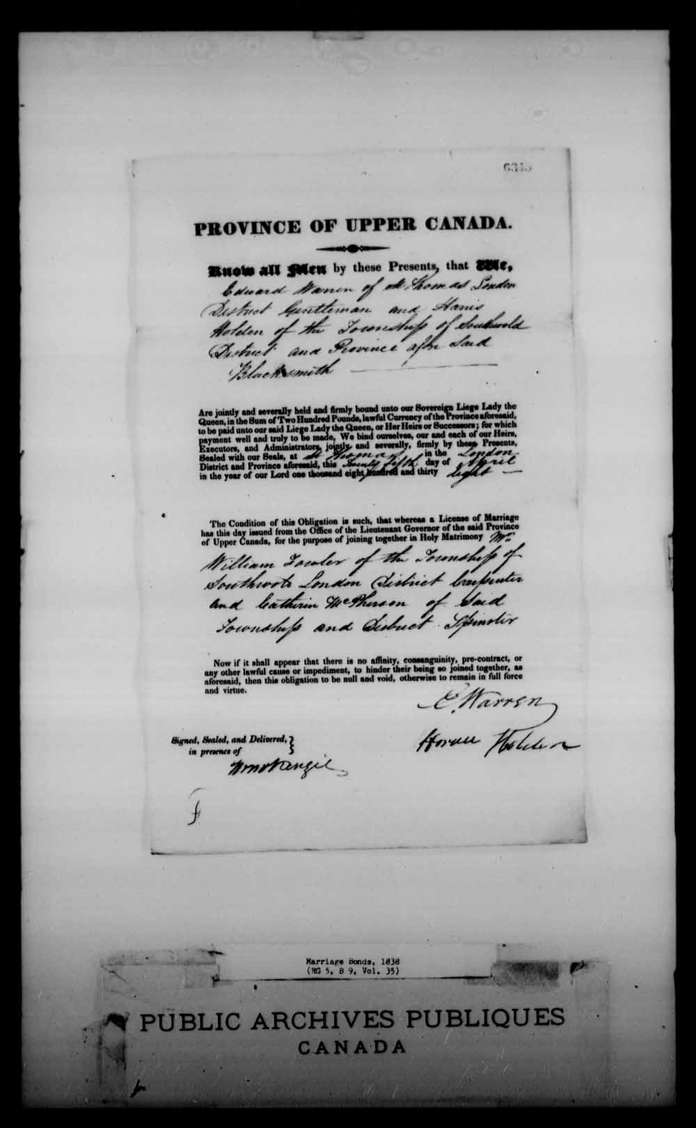 Digitized page of Upper and Lower Canada Marriage Bonds (1779-1865) for Image No.: e008230747