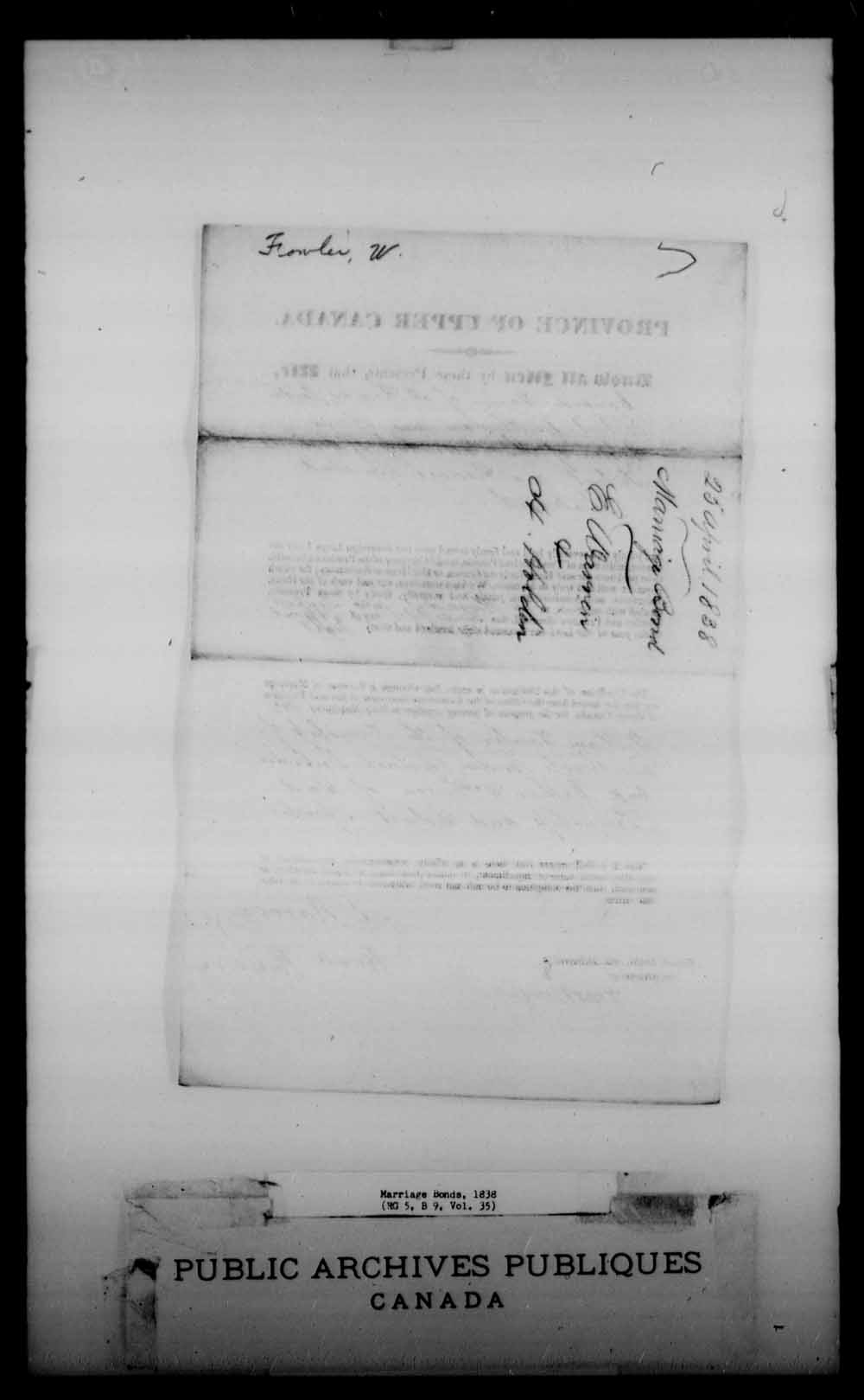 Digitized page of Upper and Lower Canada Marriage Bonds (1779-1865) for Image No.: e008230748