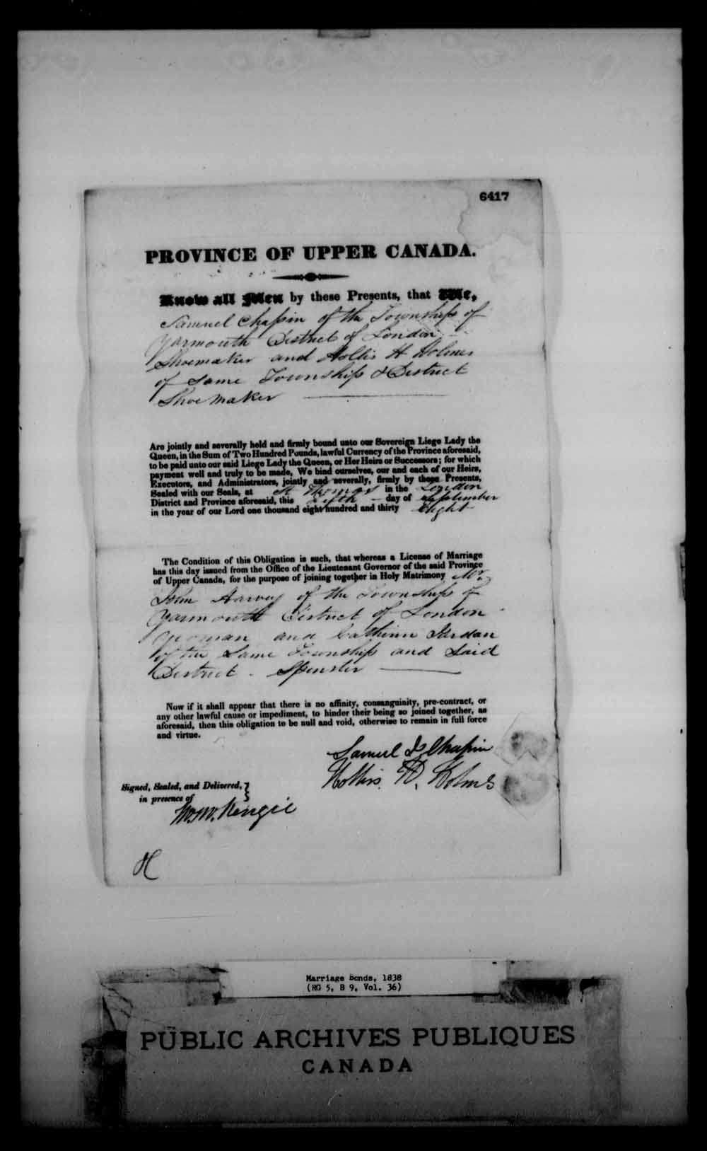 Digitized page of Upper and Lower Canada Marriage Bonds (1779-1865) for Image No.: e008230883