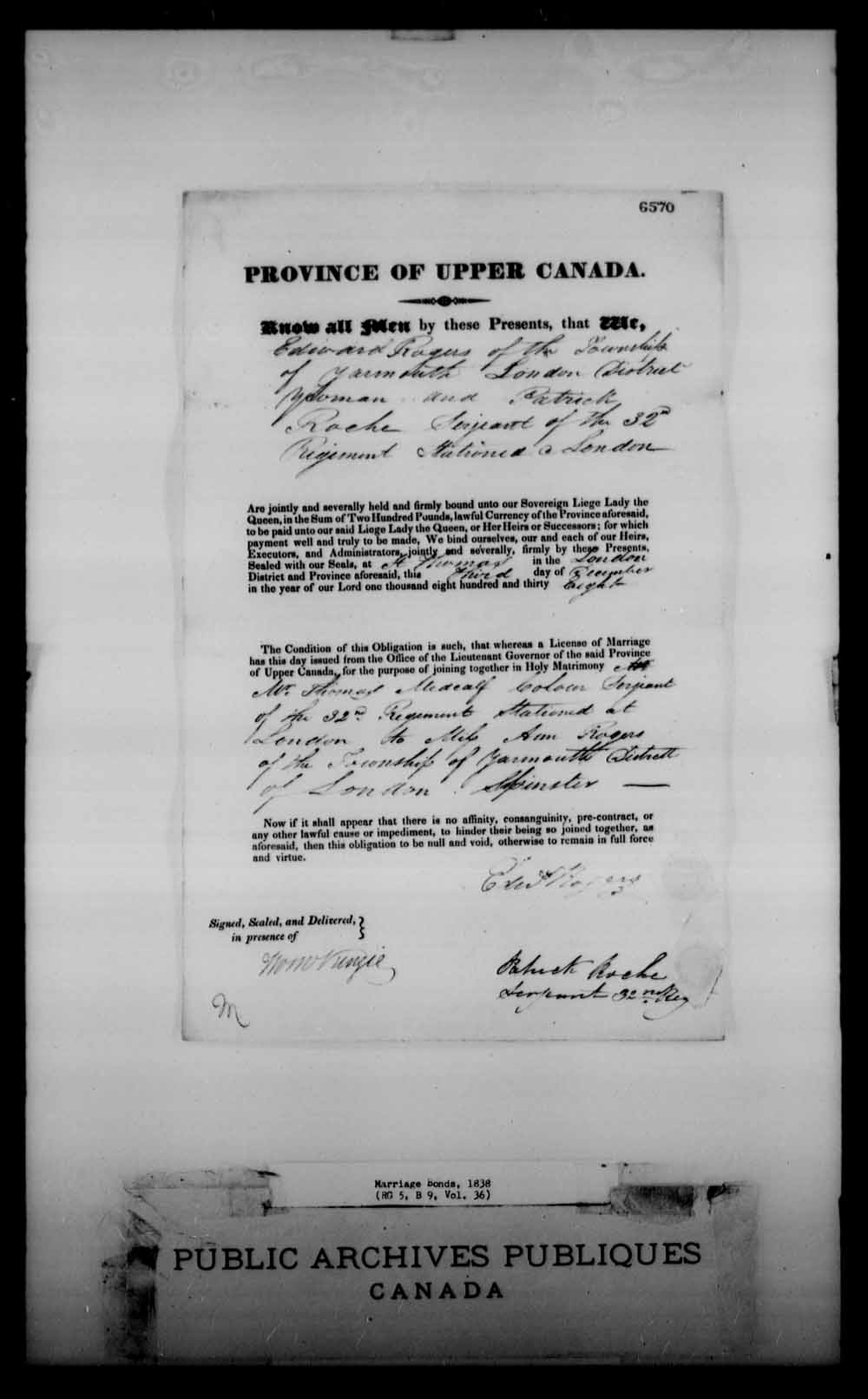 Digitized page of Upper and Lower Canada Marriage Bonds (1779-1865) for Image No.: e008231177