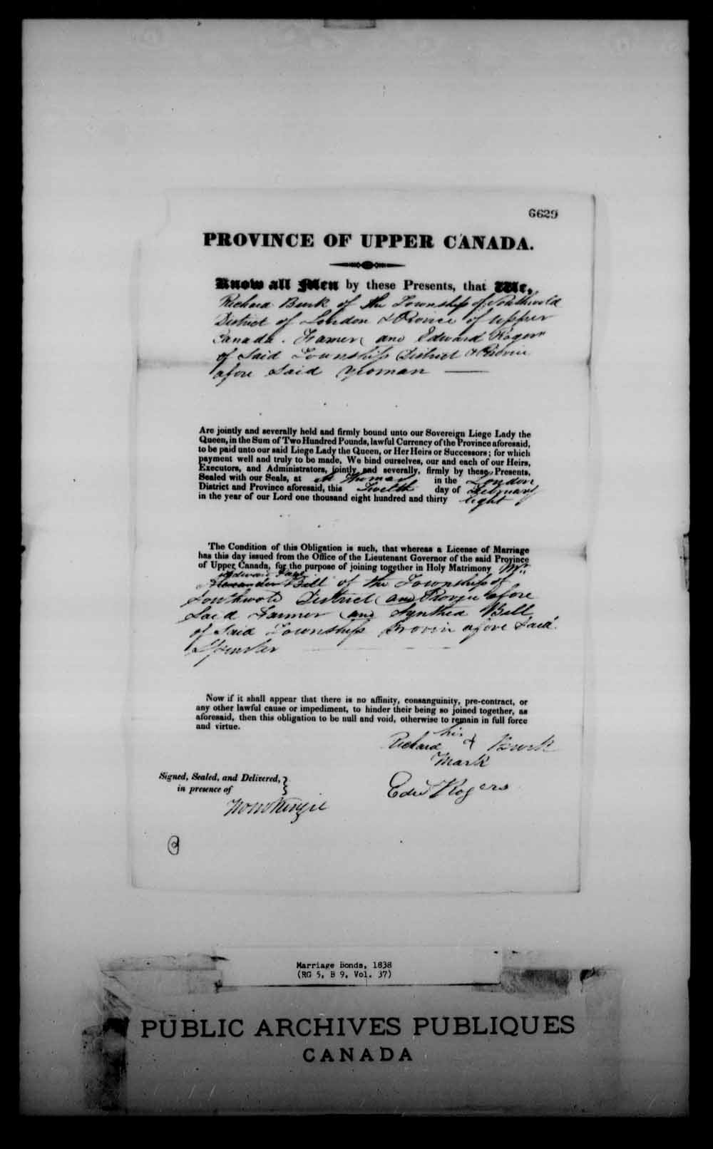 Digitized page of Upper and Lower Canada Marriage Bonds (1779-1865) for Image No.: e008231288