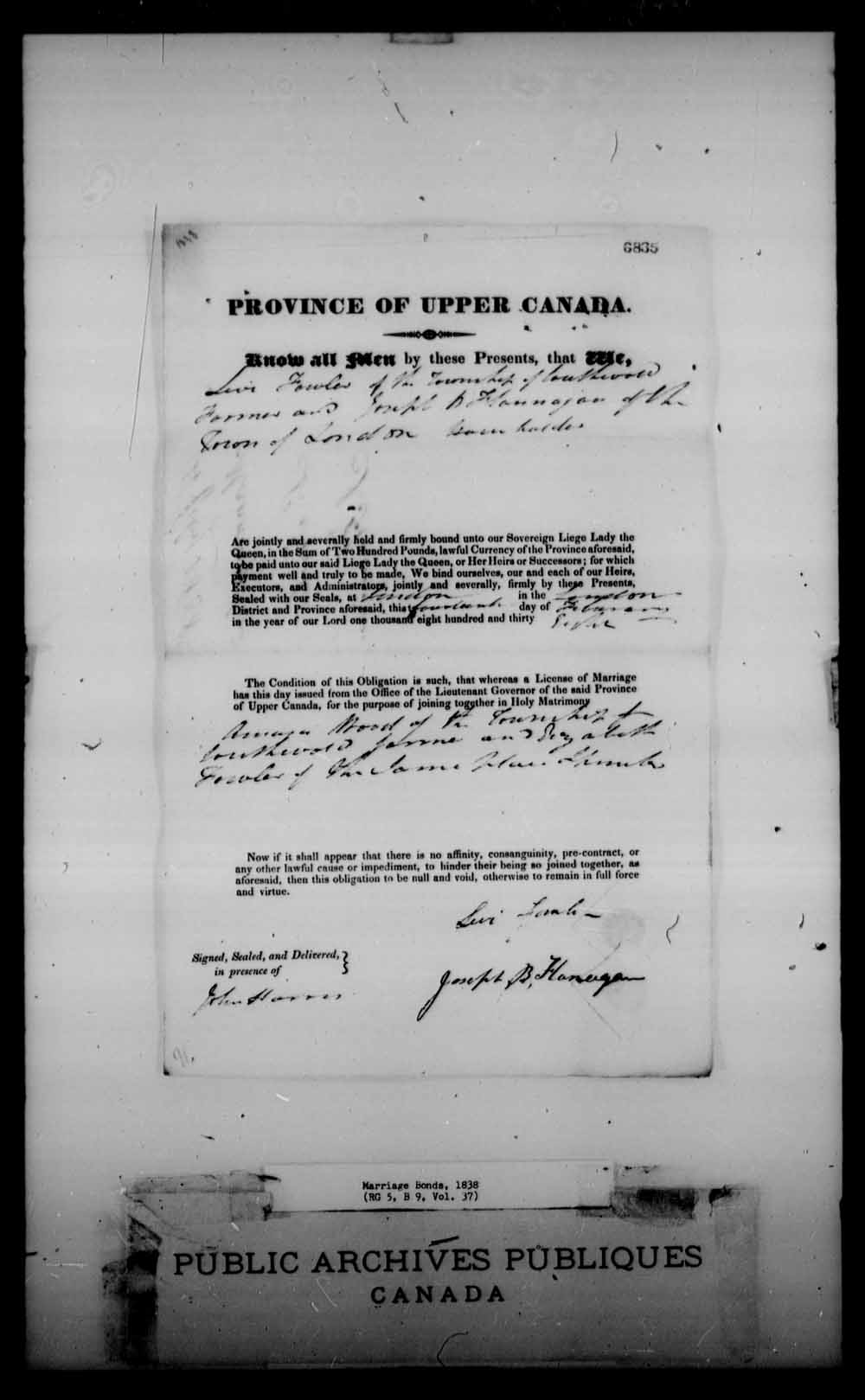Digitized page of Upper and Lower Canada Marriage Bonds (1779-1865) for Image No.: e008231681