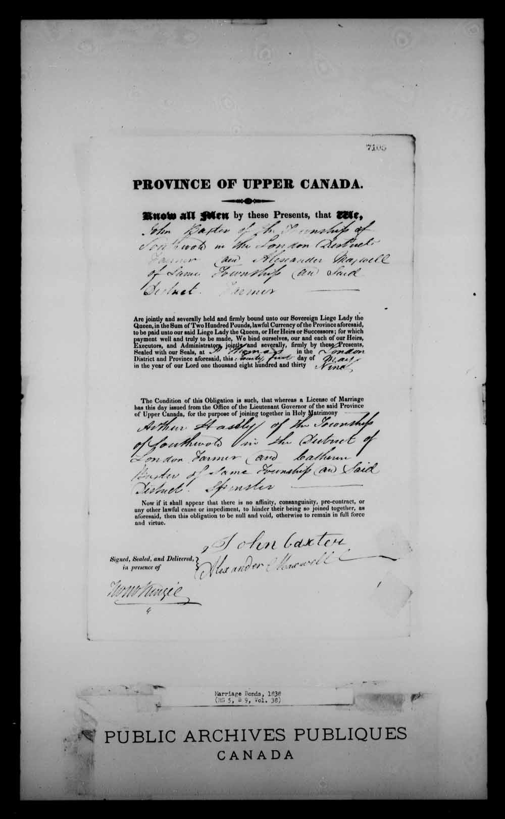Digitized page of Upper and Lower Canada Marriage Bonds (1779-1865) for Image No.: e008232287