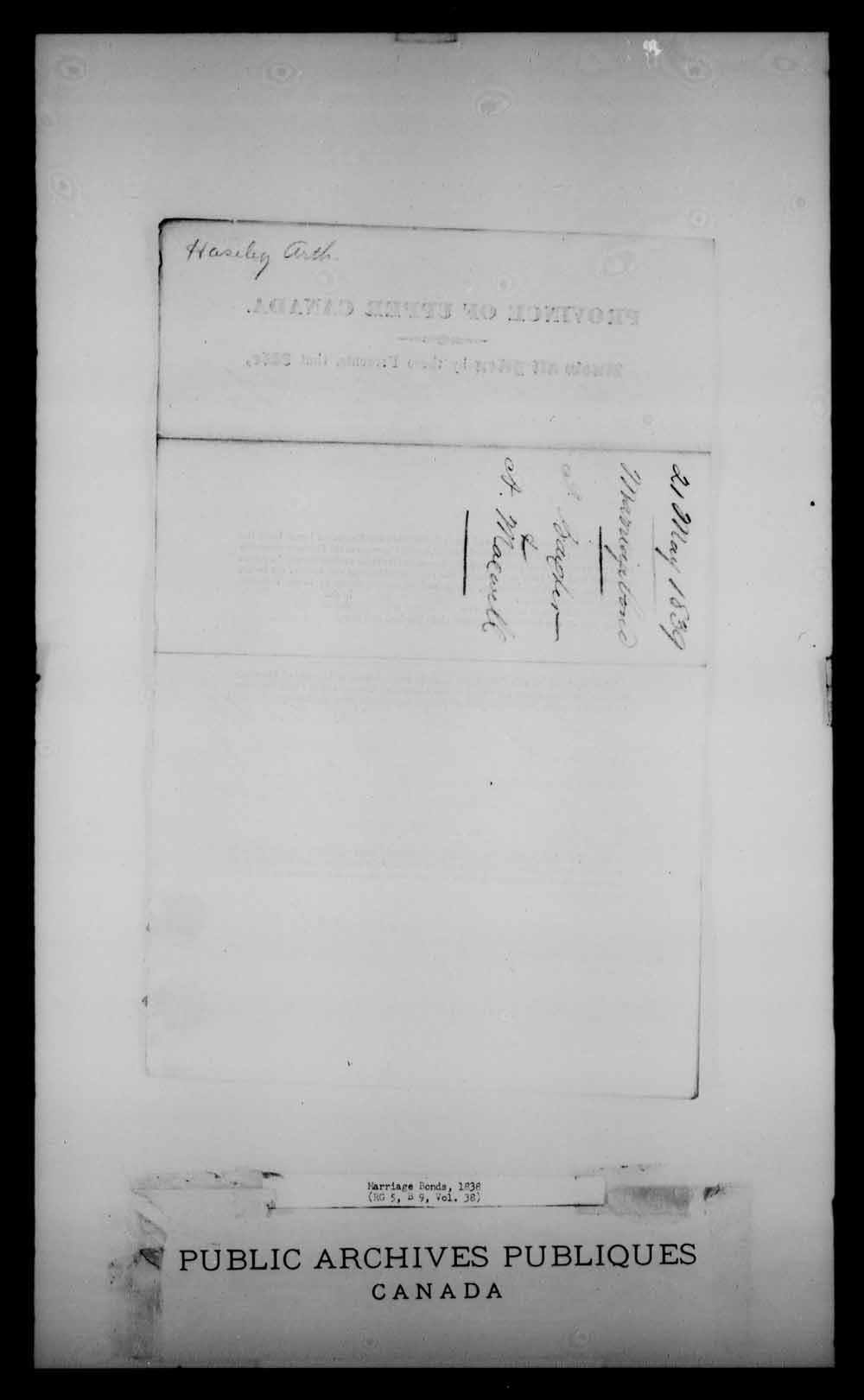 Digitized page of Upper and Lower Canada Marriage Bonds (1779-1865) for Image No.: e008232288