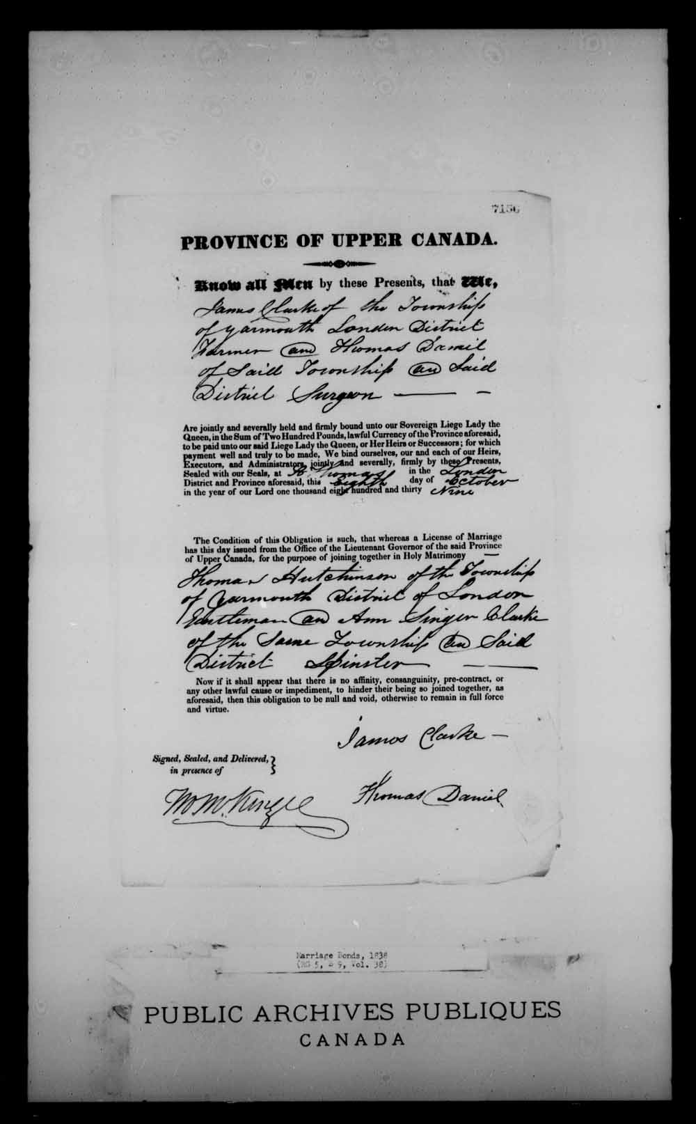 Digitized page of Upper and Lower Canada Marriage Bonds (1779-1865) for Image No.: e008232376