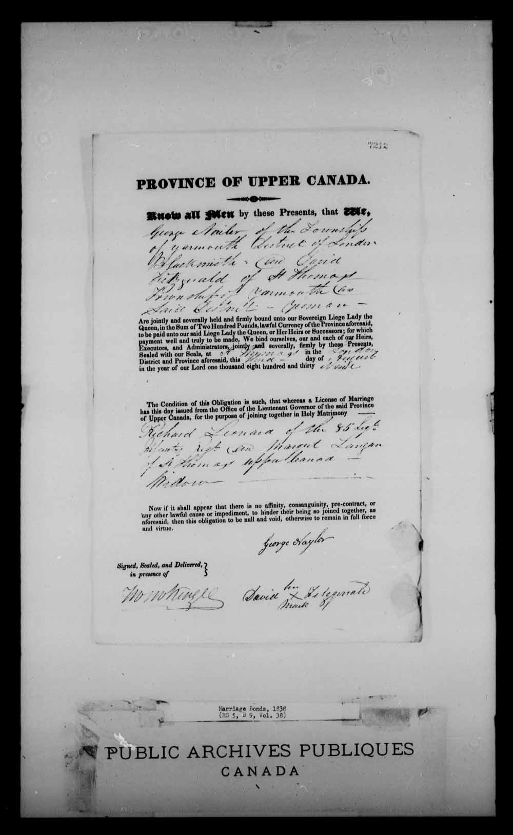 Digitized page of Upper and Lower Canada Marriage Bonds (1779-1865) for Image No.: e008232472