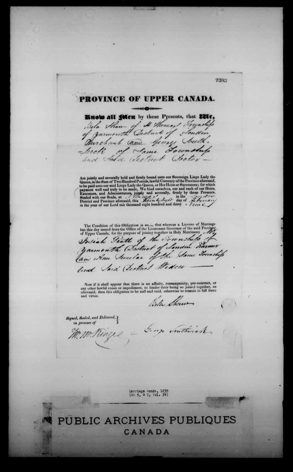 Digitized page of Upper and Lower Canada Marriage Bonds (1779-1865) for Image No.: e008232874