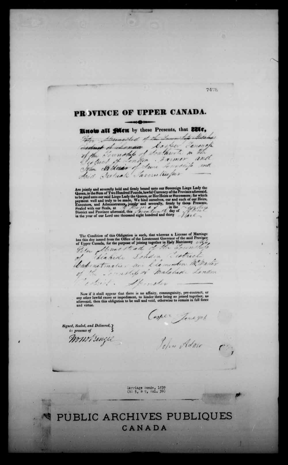 Digitized page of Upper and Lower Canada Marriage Bonds (1779-1865) for Image No.: e008233041