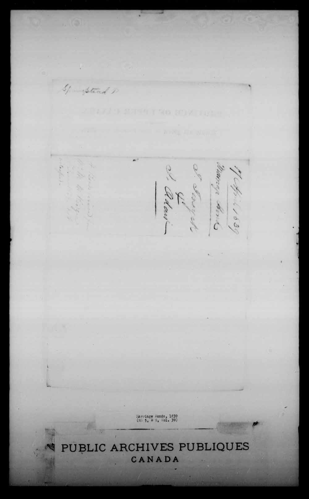 Digitized page of Upper and Lower Canada Marriage Bonds (1779-1865) for Image No.: e008233042